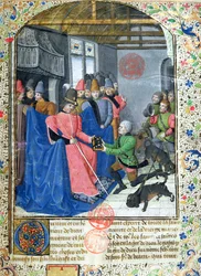 Jager die de auteur een kopie van zijn verhandeling over de jacht presenteert, uit het Livre de la Chasse door Gaston Phebus de Foix (1331-91)