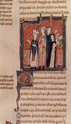 Ms 372 fol.59v Een non die haar geloften aflegt en een mis uitgevoerd door een bisschop, uit Decreten van Gratianus