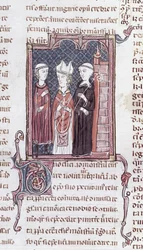 Ms 373 fol.51v Een monnik, een bisschop en een abt, uit Decreten van Gratien
