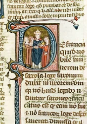 Ms 376 f.320 Geïllustreerde initiaal D die een priester toont die een huwelijk zegent, uit Les Gregoriennes