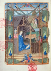 Ms 473 De Geboorte met pauwen, miniatuur uit de Getijden van Karel van Frankrijk, ca. 1466-69