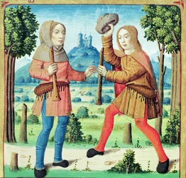 Ms 493 f.10v De Herders Dametas en Menalcas die elkaar Uitdagen voor een Muziekwedstrijd, uit De Eclogues door Virgil met een commentaar door Servius, 1469