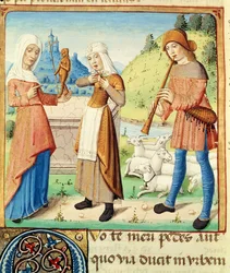 De herder Menalcas en zijn onbeantwoorde liefde, uit De Eclogues van Vergilius met een commentaar van Servius, 1469