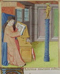 Ms 493 fol.29r Vergilius schrijvend voor Artemis, uit De Georgica door Vergilius (70-19 v.Chr.) met commentaar door Servius, 1469