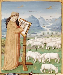 Ms 493 fol.37v Vergilius schrijft in een veld met schapen en geiten, uit De Georgica door Vergilius (70-19 v.Chr.) met commentaar van Servius, 1469