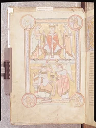 St. Gregorius de Grote (ca.540-604) tussen zijn vader Gordien en zijn moeder Silvia en een verdronken man als een engel, uit Liber Pastoralis
