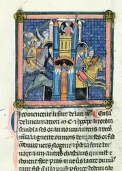 Ms 702 fol.295 De inname van Le Mans door Philippe-Auguste (1165-1223) in 1189
