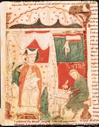 Ms 70 f.57 Paus Gregorius I de Grote (c.540-604) dicteert het Boek Job aan zijn schrijver Peter, uit Moralia in Job door Paus Gregorius de Grote