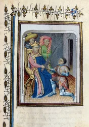 Charles V (1338-80) geeft het Zwaard van de Hoge Constable terug aan Bertrand du Guesclin (ca. 1320-80) uit de Histoire de Du Guesclin naar het gedicht van Cuvelier, begin 15e eeuw