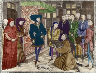 Ms 9242 Hainaut Kronieken, Filips de Goede, Hertog van Bourgondië, gepresenteerd met de vertaling van de Kronieken door Jean Vauquelin, Karel de Stoute als kind aan zijn linkerzijde (latere inkleuring)