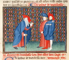 Ms Fr 1023 fol.57v Hoe de ouderen goed, wijs en deugdzaam moeten zijn, uit het Boek van Goede Zeden, door Jacques le Grant (1360-1415)