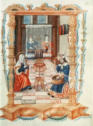 De Maagd Maria weeft in een werkplaats, uit Chants royaux sur la Conception couronnee du Puy de Rouen