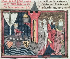 Ms Fr 22495 Fol.101 Boudewijn I steekt de rivier de Jordaan over en doet afstand van zijn vrouw, uit Le Roman de Godefroi de Bouillon, 1337