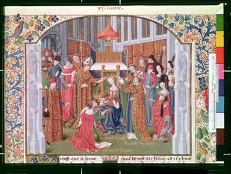 Ms Fr 2629 fol.300 De gravin van Jaffa (ca.1136-88) kroont Guy van Lusignan (gest.1194) uit de Histoire de la conquête de Jérusalem door Willem van Tyrus (ca.1130-85) ca.1470