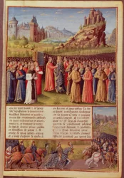 Ms Fr 5594 f.138 Sint Bernardus (ca. 1090-1153) van Clairvaux die de Tweede Kruistocht predikt in aanwezigheid van Koning Lodewijk VII (ca. 1120-80) van Frankrijk in Vezelay in 1146, uit Passages faits Outremer