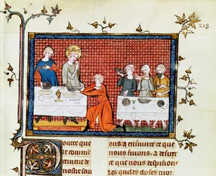 Ms. Fr. 5716 f.213 St. Louis Voedt de Armen, uit Leven en Wonderen van St. Louis, c.1330-40