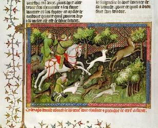 Hertenjacht, uit het Livre de la Chasse door Gaston Phebus de Foix (1331-91)