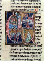 Ms Fr 9081 fol.206 Geïllustreerde initiaal C die Conrad III (1137-52) Keizer van Duitsland en Lodewijk VII (1120-80) Koning van Frankrijk toont, die Damascus belegeren in 1148, uit Histoire de Jerusalem door William