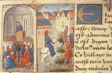 Een Lezing en Strooiende Rietjes in de Straten, uit Les Cent Nouvelles Nouvelles, 1462