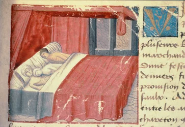 Ms Hunter 252 f.18r Een bedscène, uit 