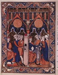 Ms Lat 10525 Fol.22 Jozef verklaart de droom van de farao en de farao herstelt zijn schenker in zijn ambt, uit de Psalter van St. Louis, ca.1258-70