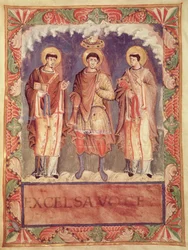 Ms. Lat. 1141, fol. 2v: De kroning van Karel II (823-877) met de aartsbisschoppen van Reims en Trier, uit het Sacramentarium van Metz
