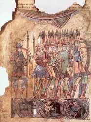 Ms Lat 1390 fol.7v Voetsoldaten in de Kruistochten, uit La Vie de Saint Aubin d