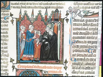 Ouders bieden een bisschop geld aan om hun zoon in de abdij op te nemen, 1314