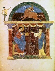 Ms Lat 8878 fol.3v Jezus presenteert het evangelie aan St. Lucas, uit een commentaar op de Apocalyps door de Asturische monnik Beatus van Liebana