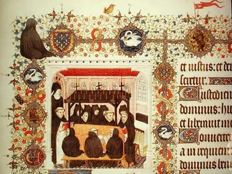 Rouw van de hertogin, met wapenschilden en dierdetails, uit de Grandes Heures de Duc de Berry