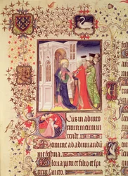 Jean de France, Hertog van Berry wordt door St. Peter naar de Hemelpoort geleid met een gehistorieerde initiaal `D van St. Peter en Jean de Berry in gebed, uit de Grandes Heures de Duc de