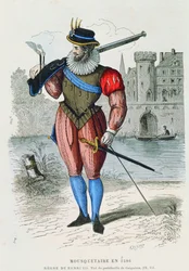 Musketeer in 1586, illustratie uit Costumes de Paris a travers les siecles door H. Gourdon de Genouillac, gegraveerd door A. Renard