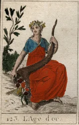 Mythe van de Tijdperken van de Mensheid: afbeelding van het Gouden Tijdperk, als een jonge maagd met perfecte schoonheid, gekroond met bloemen en met een hoorn des overvloeds.