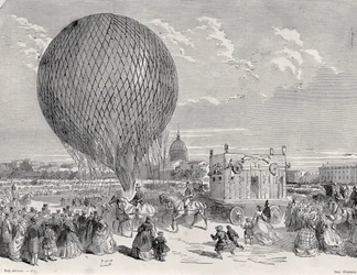 Ballon van Nadar, Le Géant wordt voorbereid op het Champ de Mars, Parijs voor zijn eerste vlucht op 4 oktober 1863, illustratie uit Paris a Travers Les Siecles: Tome 5, 1889