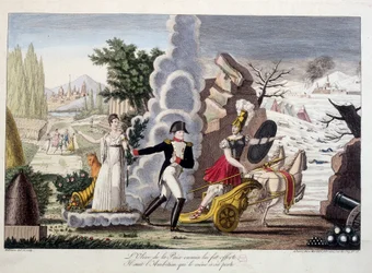 Napoleon I tussen oorlog en vrede, circa 1815 - Napoleon tussen oorlog en vrede - De olijf van vrede werd tevergeefs aan hem aangeboden, hij volgt de ambitie die hem tot zijn ondergang leidde - in “Napoleon 1er”, een dummy collectie van cartoons
