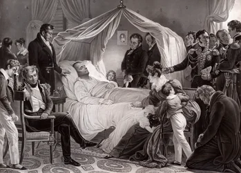 Napoleon I op zijn sterfbed op Sint-Helena, 5 mei 1821, naar een schilderij van Charles de Steuben