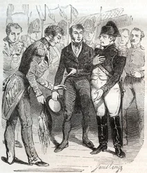 Napoleon vertrouwt op het Britse geloof - Napoleon Bonaparte aan boord van het Britse schip Bellerophon dat hem naar ballingschap op Sint-Helena zal brengen op 14 juli 1815