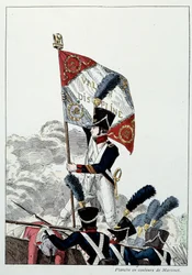 Napoleontisch Leger: Linie Infanterie. Sergeant-majoor plant zijn adelaar op een angst die drastisch werd weggevaagd. Gravure door Martinet (19e eeuw) 1808. Malmaison, Musee Du Chateau.