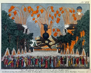 Nationaal feest van 14 juli 1801 op de Champs-Élysées, Parijs: vuurwerk neemt de plaats van de ster in op de Champs-Élysées in Parijs. Prent uit 1801, Parijs, Musée Carnavalet