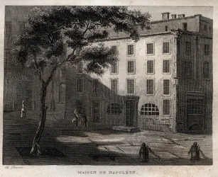 Geboortehuis van Napoleon Bonaparte in Ajaccio (Corsica) - Geboorteplaats van Napoleon Bonaparte in Ajaccio, Corsica - Gravure uit „Schilderachtig Italië - Historische en beschrijvende schilderkunst van Italië“ door M. de Norvins, Ch. Nodier, 1834-1836.