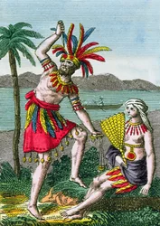 Inheemse bewoners van de Marquesaseilanden, illustratie uit Histoire des Voyages Autour du Monde door J. Dufay, uitgegeven door Courvalet & Co., Parijs, 1826
