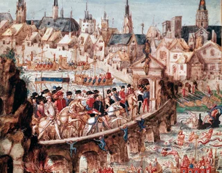 Nautische shows georganiseerd door de stad Rouen ter gelegenheid van de koninklijke intocht van koning Hendrik II (1519-1559) en Catherine de Medici (Caterina de Medici) (1519-1589) op 1/10/1550 Ruiters steken de Seine over op de brug Saint Ouen (St Ouen b