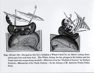 Navigators die de rug van een walvis voor een eiland hebben aangezien en erop gaan zitten om hun voedsel te koken, uit de Bestiaire d