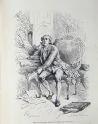 Necker in zijn kantoor in Saint-Ouen, omringd door notities 