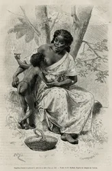 Negillon rookt en drinkt bij haar moeder, in de Darien-regio (oostelijk Panama), gravure naar een tekening van D.Maillart, ter illustratie van het verhaal Exploratie bij de isthmus van Panama en Darien, door A. Reclus, luitenant van schip, 1876-1878