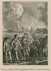 Negerhandel (de slaven dwingen te werken); naar Eisen (gravure)