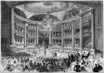 Neoklassieke architectuur: uitzicht op de hal van het Grand Theatre van Bordeaux (1773-1780) ter gelegenheid van het bal gegeven voor het bezoek van keizer Napoleon III en keizerin Eugenie de Montijo. Bordeaux, Gironde (33)