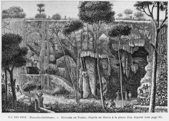 Nieuw-Caledonië, Isle of Pines, Hypogeum van Toupo, naar een pen- en inkttekening door een gedeporteerde, illustratie uit het bulletin Les Missions Catholiques, 1893