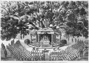 Nieuw-Caledonië, misviering op het eiland Nou, naar een pen- en inkttekening van een gedeporteerde, illustratie uit het bulletin Les Missions Catholiques, 1875