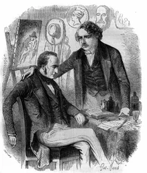 Nicephore Niepce (1765-1833) en Louis Daguerre (1787-1851), Franse uitvinders, pioniers van de fotografie. Gravure uit 1852.